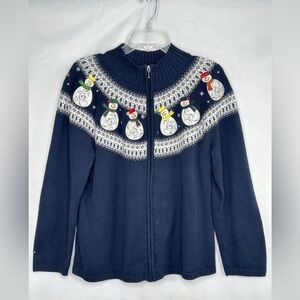 Christopher & Banks Zip Up Cardigan Knit Sweater Navy Snowman L/S Cotton Sz XL